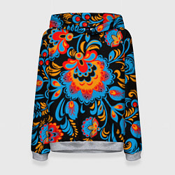 Толстовка-худи женская Хохломская роспись разноцветные цветы на чёроном ф, цвет: 3D-меланж