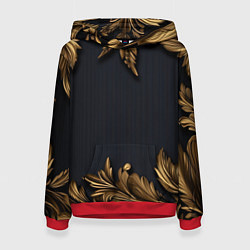 Толстовка-худи женская Золотые объемные листья на черном, цвет: 3D-красный