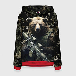 Толстовка-худи женская Медведь солдат с винтовкой, цвет: 3D-красный
