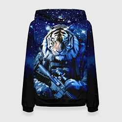Толстовка-худи женская Тигр солдат снег и звезды, цвет: 3D-черный