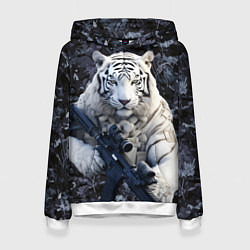 Толстовка-худи женская Белый тигр солдат, цвет: 3D-белый