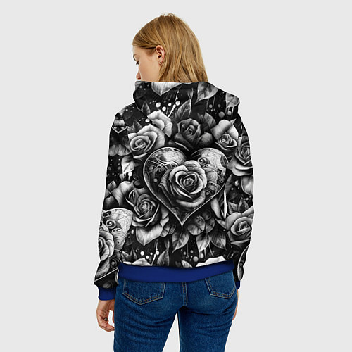 Женская толстовка Черно белое сердце и розы / 3D-Синий – фото 4