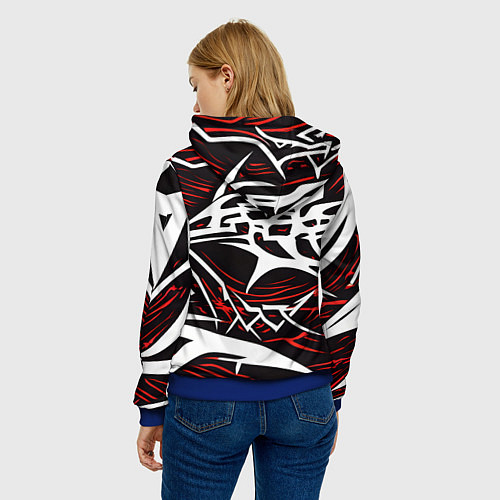 Женская толстовка Белые и красные агрессивные линии на чёрном фоне / 3D-Синий – фото 4