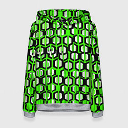 Толстовка-худи женская Техно узор из шестиугольников зелёный, цвет: 3D-меланж