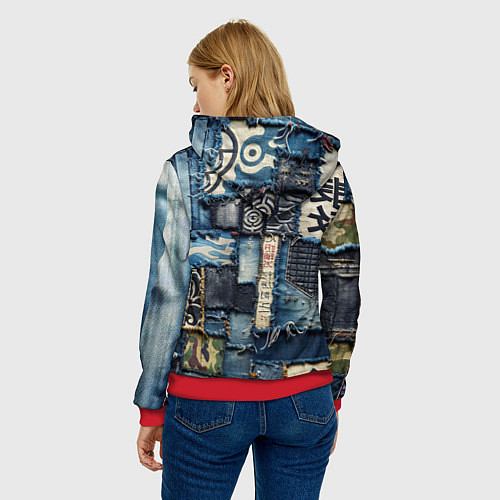 Женская толстовка Иероглифы на пэчворк дениме / 3D-Красный – фото 4