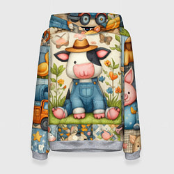 Женская толстовка Прикольный телёнок и его друзья - пэчворк