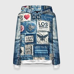 Толстовка-худи женская Лос Анджелес на джинсах-пэчворк, цвет: 3D-белый