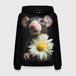 Толстовка-худи женская Крыс и ромашка, цвет: 3D-черный