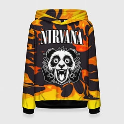 Толстовка-худи женская Nirvana рок панда и огонь, цвет: 3D-черный
