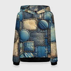 Толстовка-худи женская Denim patchwork - ai art, цвет: 3D-черный