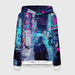 Толстовка-худи женская Дождливый неоновый вечер в Японии, цвет: 3D-белый