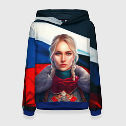 Толстовка-худи женская Блондинка с косами - флаг России, цвет: 3D-синий