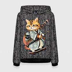 Женская толстовка Котенок самурай на скейтборде