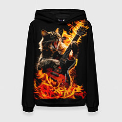 Толстовка-худи женская Кот в огне играет рок, цвет: 3D-черный