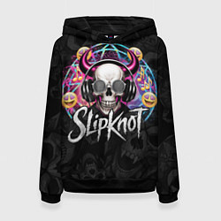 Толстовка-худи женская Slipknot на фоне черепа демона с рогами в очках, цвет: 3D-черный
