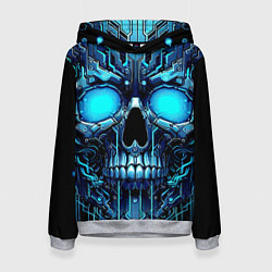 Женская толстовка Неоновый кибер череп - нейроарт микросхема
