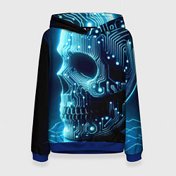 Толстовка-худи женская Cyber neon skull - ai art с дорожками на плате, цвет: 3D-синий
