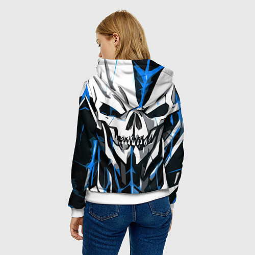 Женская толстовка Белый череп и синие полосы на чёрном фоне / 3D-Белый – фото 4