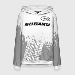 Толстовка-худи женская Subaru speed на светлом фоне со следами шин посере, цвет: 3D-белый