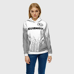 Толстовка-худи женская Subaru speed на светлом фоне со следами шин посере, цвет: 3D-белый — фото 2