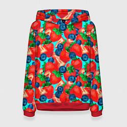 Толстовка-худи женская Клубника с черникой паттерн, цвет: 3D-красный