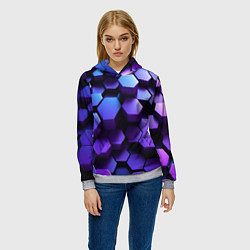 Толстовка-худи женская Абстрактные трехмерные фиолетовые гексагоны, цвет: 3D-меланж — фото 2