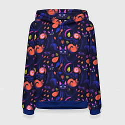 Толстовка-худи женская Черные кошки - паттерн, цвет: 3D-синий