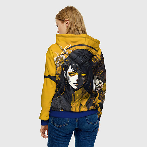 Женская толстовка Девушка в стиле аниме в куртке на жёлтом фоне / 3D-Синий – фото 4