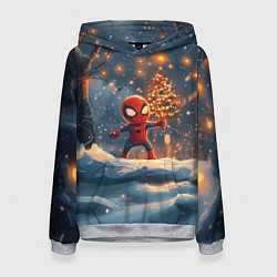 Женская толстовка Маленький человек-паук держит елку