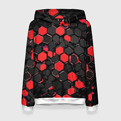 Толстовка-худи женская Красно-серые шестиугольники на чёрном фоне, цвет: 3D-белый