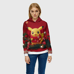 Толстовка-худи женская Пикачу новогодний в красном шарфе, цвет: 3D-белый — фото 2