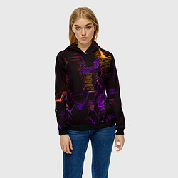 Толстовка-худи женская Жёлто-фиолетовые точки и линии на чёрном фоне, цвет: 3D-черный — фото 2