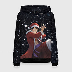 Толстовка-худи женская Новогодний Луффи - Ван Пис, цвет: 3D-черный
