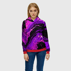 Толстовка-худи женская Фиолетовые брызги на чёрном фоне, цвет: 3D-красный — фото 2