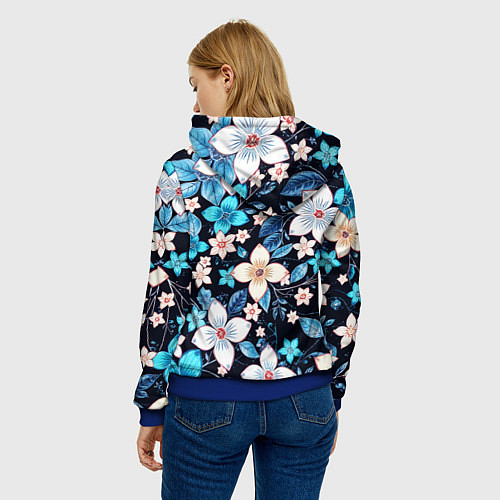 Женская толстовка Сине-белые цветы на чёрном фоне / 3D-Синий – фото 4