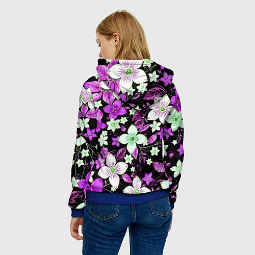 Женская толстовка Фиолетово-белые цветы на чёрном фоне / 3D-Синий – фото 4