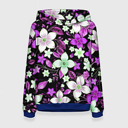 Женская толстовка Фиолетово-белые цветы на чёрном фоне
