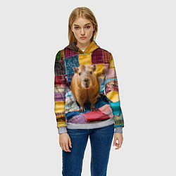 Толстовка-худи женская Капибара и пэчворк, цвет: 3D-меланж — фото 2