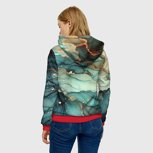 Женская толстовка Бирюзовый узор с оранжевыми вставками / 3D-Красный – фото 4