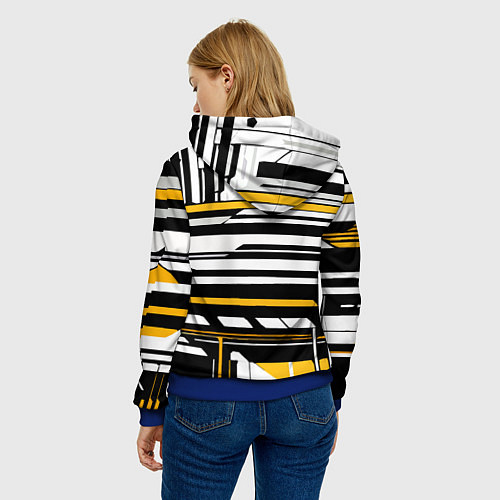Женская толстовка Жёлто-белые технологические линии на чёрном фоне / 3D-Синий – фото 4