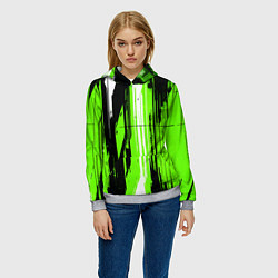 Толстовка-худи женская Вертикальные чёрно-белые линии на зелёном фоне, цвет: 3D-меланж — фото 2