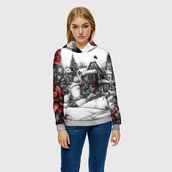 Толстовка-худи женская Бело-красное новогоднее настроение, цвет: 3D-меланж — фото 2