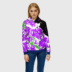Толстовка-худи женская Зелёно-фиолетовая абстракция на чёрном фоне, цвет: 3D-синий — фото 2