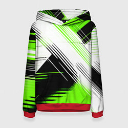 Женская толстовка Диагональные бело-зелёные линии на чёрном фоне