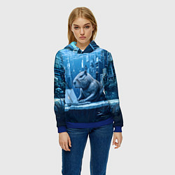 Толстовка-худи женская Капибара программист под водой, цвет: 3D-синий — фото 2