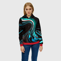 Толстовка-худи женская Волнистые бело-голубые линии на чёрном фоне, цвет: 3D-красный — фото 2