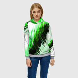 Толстовка-худи женская Чёрно-зелёные острые полосы на белом фоне, цвет: 3D-меланж — фото 2