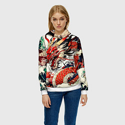 Толстовка-худи женская Красный дракон в японском стиле ирезуми, цвет: 3D-белый — фото 2