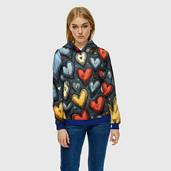 Толстовка-худи женская Разноцветные сердца, цвет: 3D-синий — фото 2