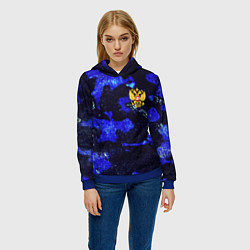 Толстовка-худи женская Синий потертый камуфляж и герб РФ, цвет: 3D-синий — фото 2